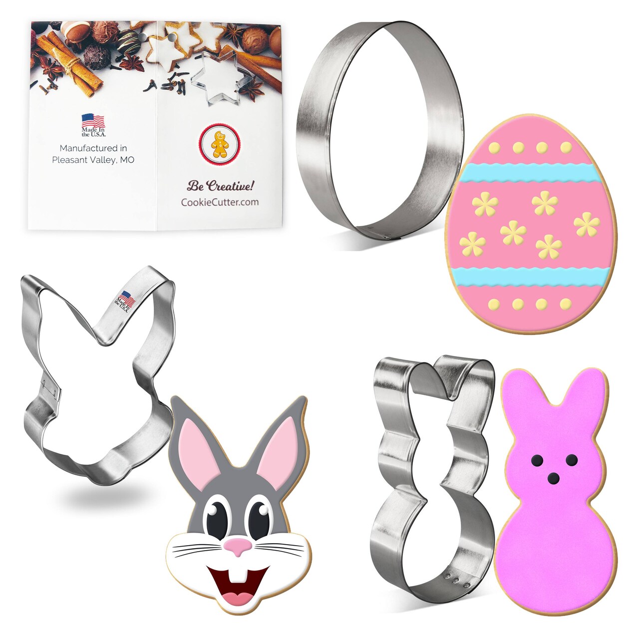 CookieCutter.com Easter Cookie Cutter 3 Pc Set, 3.75 - 4 in, Bunny, Egg, Tin Plate Steel, USA